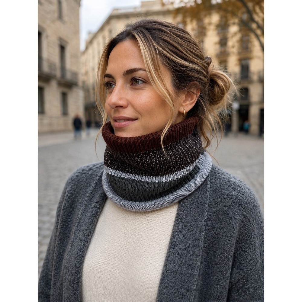 Angora Barcelona Striped Knit Neck Warmer Snood Brown Grey Made in Spain cozy